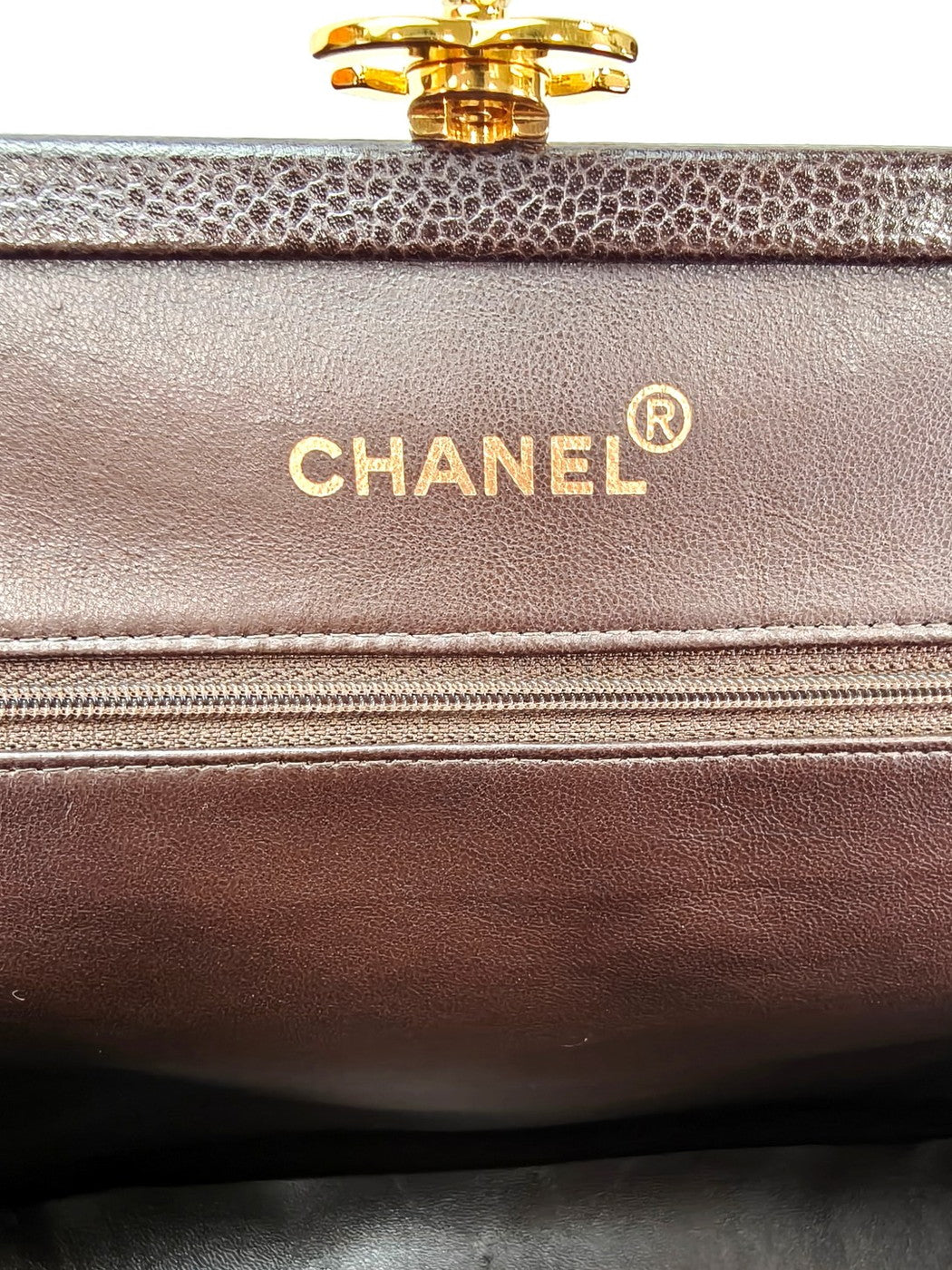 CHANEL シャネル キャビアスキン チェーンショルダー トートバッグ がま口 ブラウン 管理番号:10164