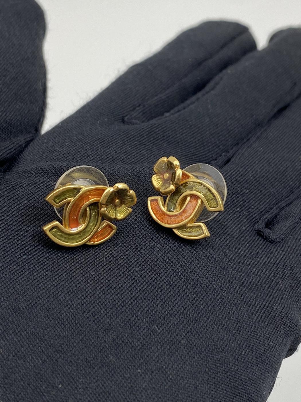 CHANEL シャネル ピアス ココマーク フラワー カメリア グリーン オレンジ 03P A アクセサリー 管理番号:7533