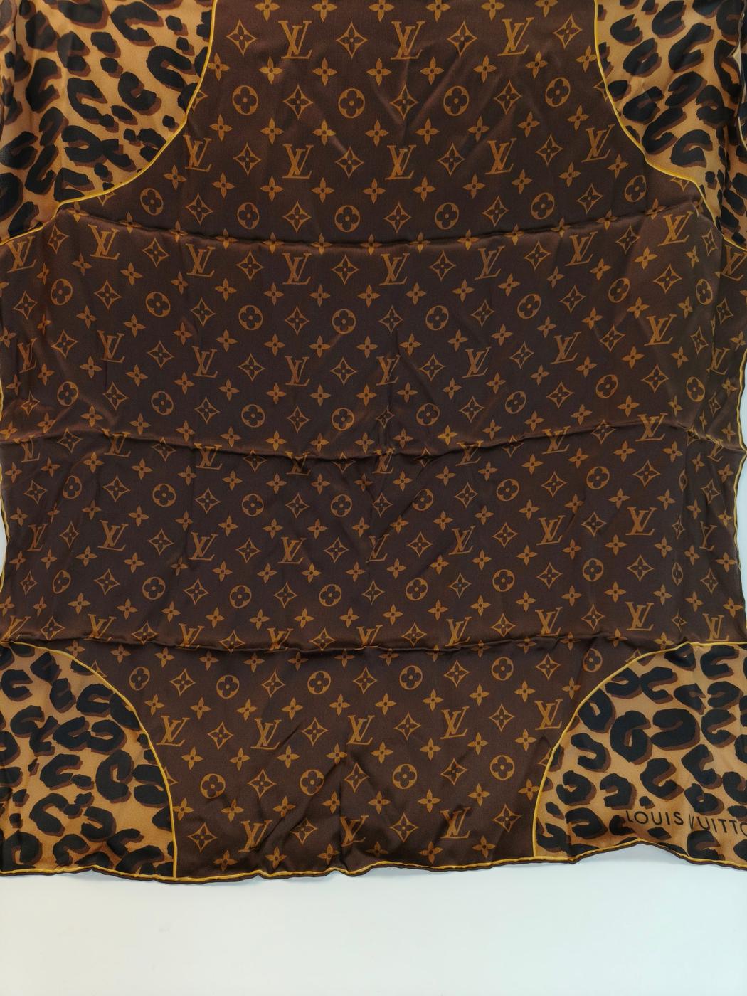 LOUIS VUITTON ルイヴィトン モノグラム M72124 ストール スカーフ シルク レオパード ヒョウ柄 ブラウン 管理番号:10307