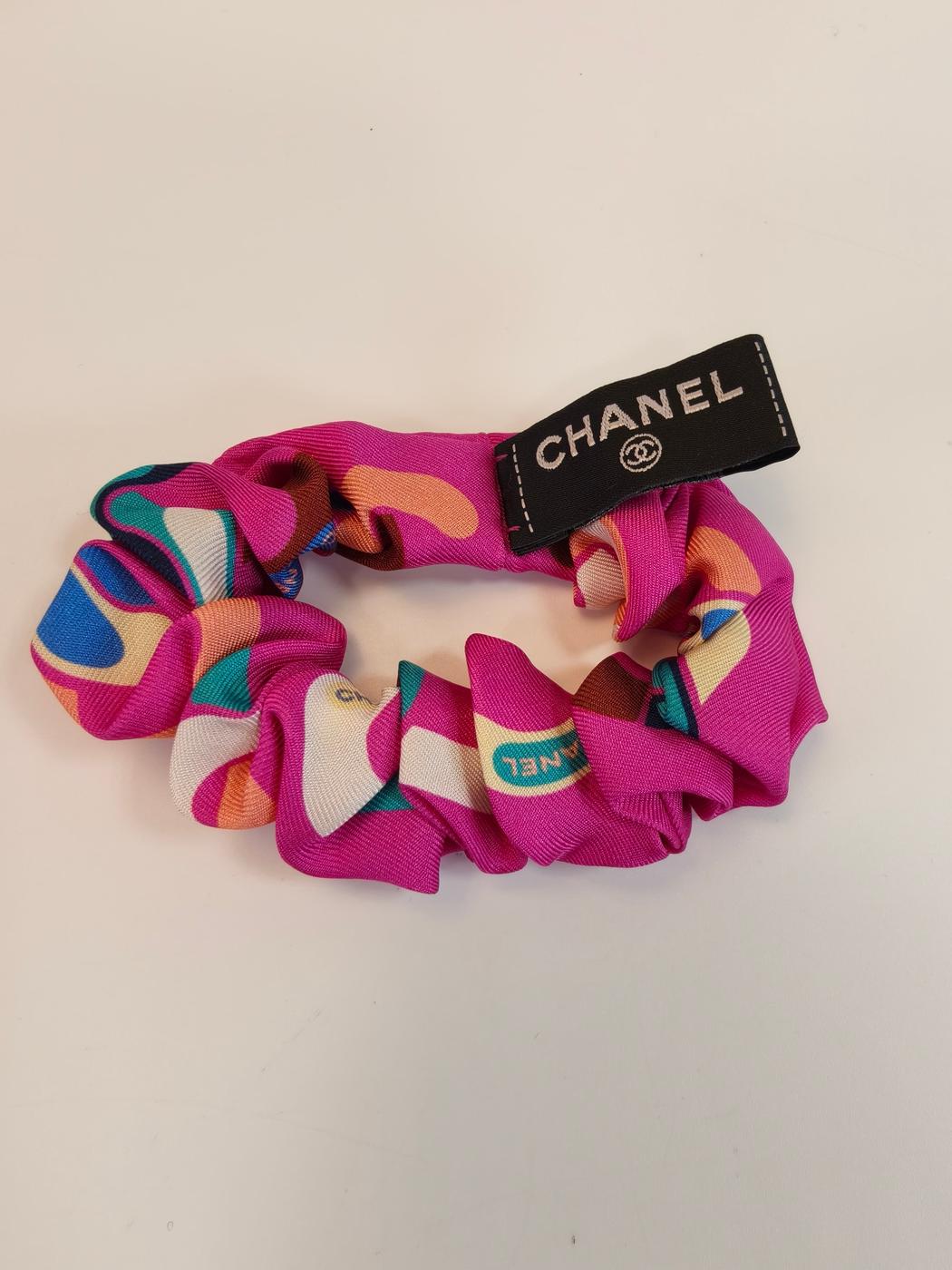 CHANEL シャネル ココマーク チェーンモチーフ シルク ヘアバンド スカーフ シュシュ ピンク 管理番号：10153