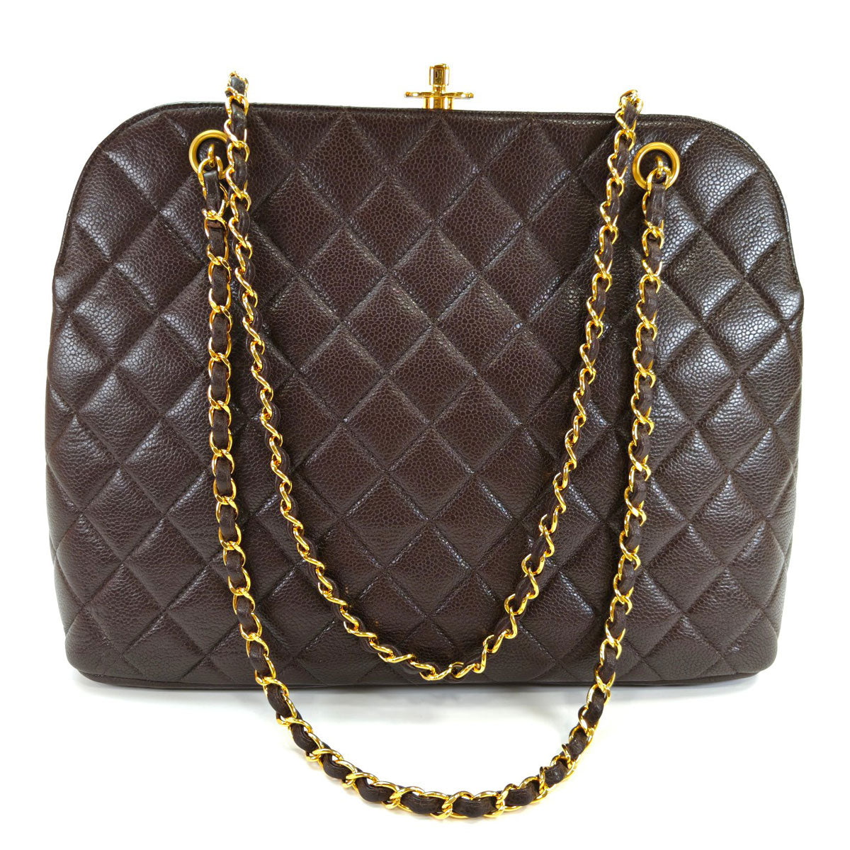 CHANEL シャネル キャビアスキン チェーンショルダー トートバッグ がま口 ブラウン 管理番号：10164
