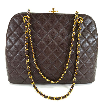 CHANEL シャネル キャビアスキン チェーンショルダー トートバッグ がま口 ブラウン 管理番号：10164