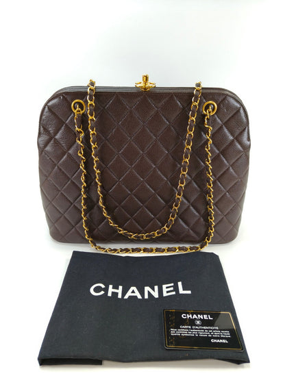 CHANEL シャネル キャビアスキン チェーンショルダー トートバッグ がま口 ブラウン 管理番号：10164