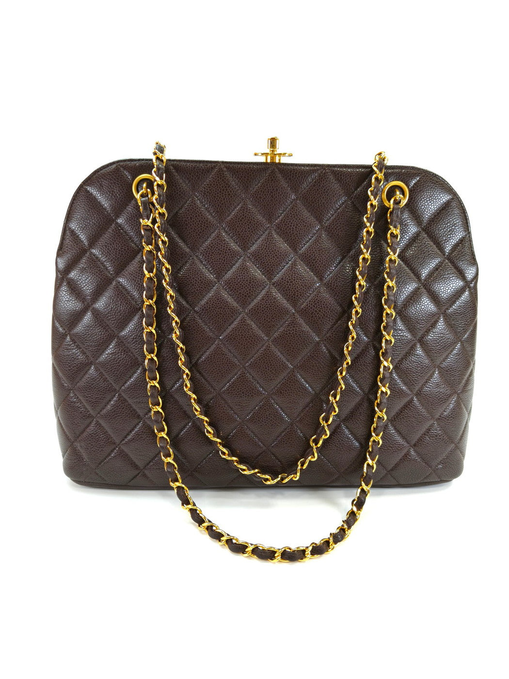 CHANEL シャネル キャビアスキン チェーンショルダー トートバッグ がま口 ブラウン 管理番号：10164
