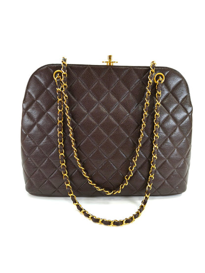 CHANEL シャネル キャビアスキン チェーンショルダー トートバッグ がま口 ブラウン 管理番号：10164