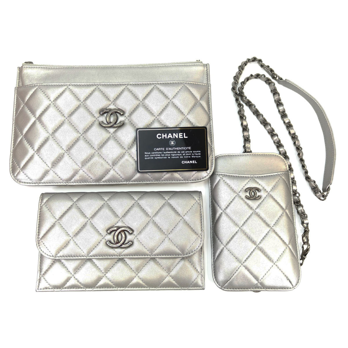 CHANEL Matelasse Multi-Bag with Chain Shoulder Strap, Wallet, and Smartphone Case, Silver, Reference Number: 10422