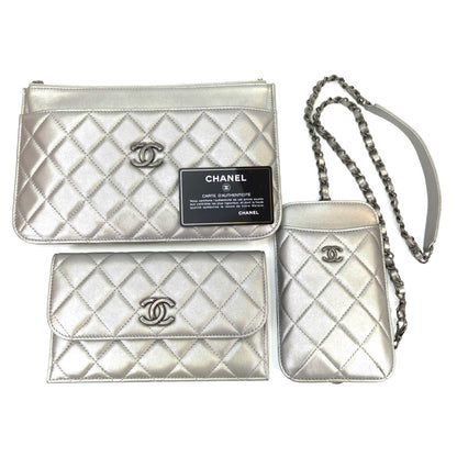 CHANEL Matelasse Multi-Bag with Chain Shoulder Strap, Wallet, and Smartphone Case, Silver, Reference Number: 10422