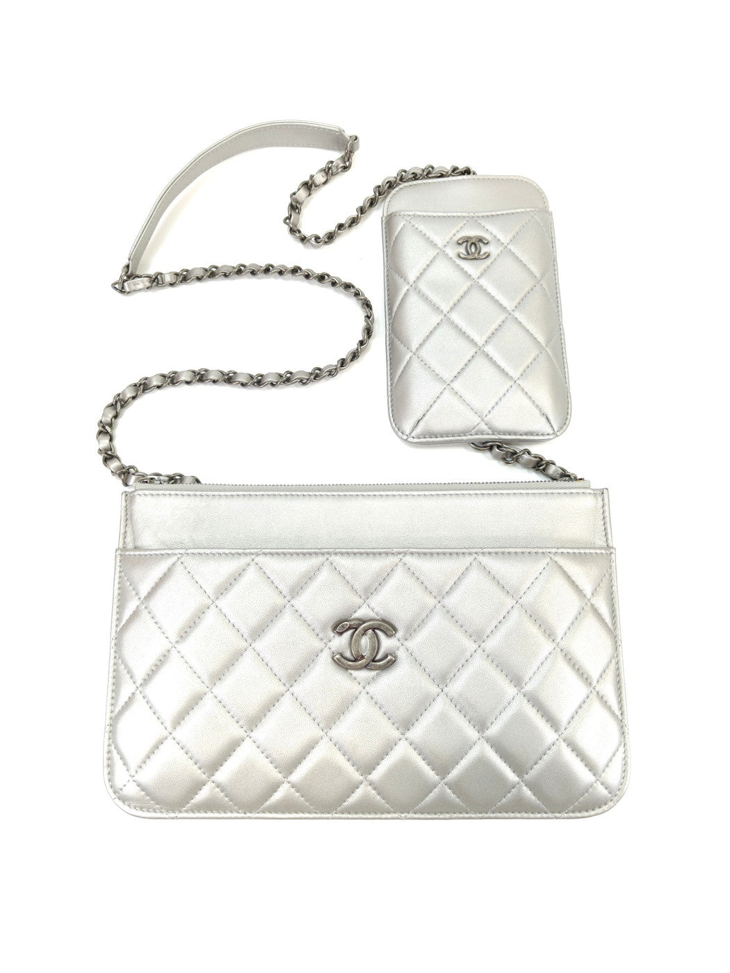 CHANEL Matelasse Multi-Bag with Chain Shoulder Strap, Wallet, and Smartphone Case, Silver, Reference Number: 10422