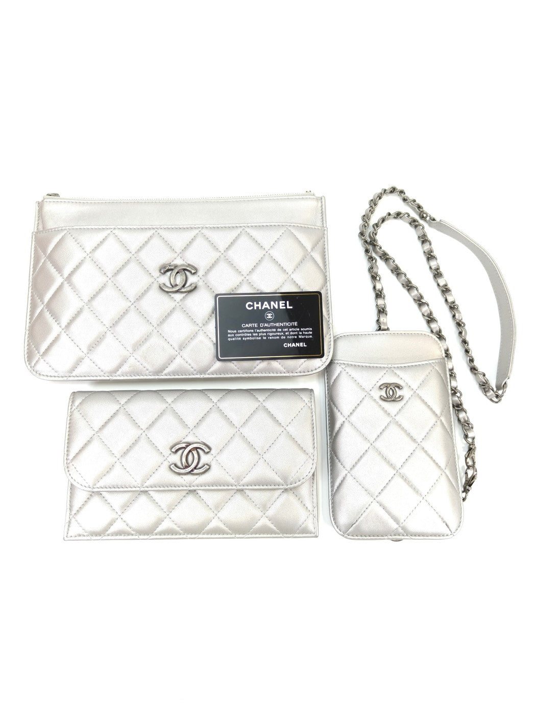CHANEL Matelasse Multi-Bag with Chain Shoulder Strap, Wallet, and Smartphone Case, Silver, Reference Number: 10422