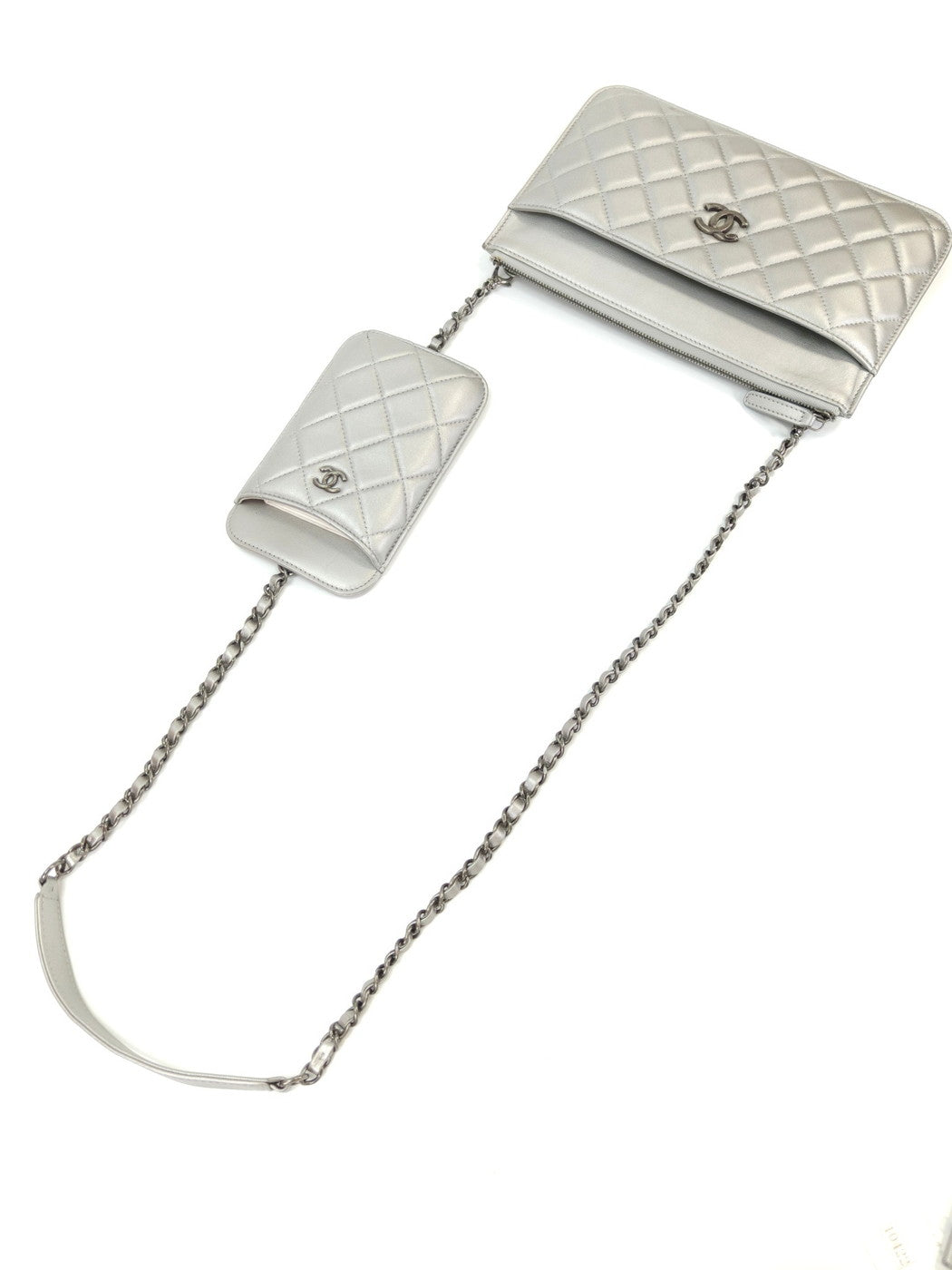 CHANEL Matelasse Multi-Bag with Chain Shoulder Strap, Wallet, and Smartphone Case, Silver, Reference Number: 10422