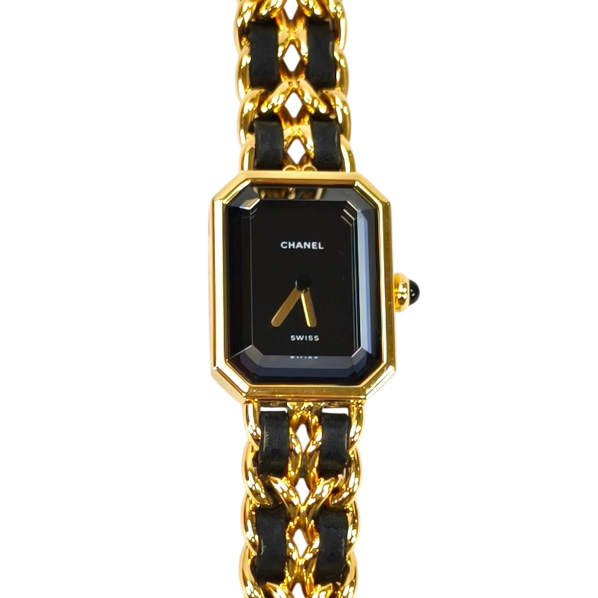 CHANEL Premiere Large Octagonal Chain Bracelet with Leather Strap and Quartz Analogue Movement in Gold. Reference Number: 10455.