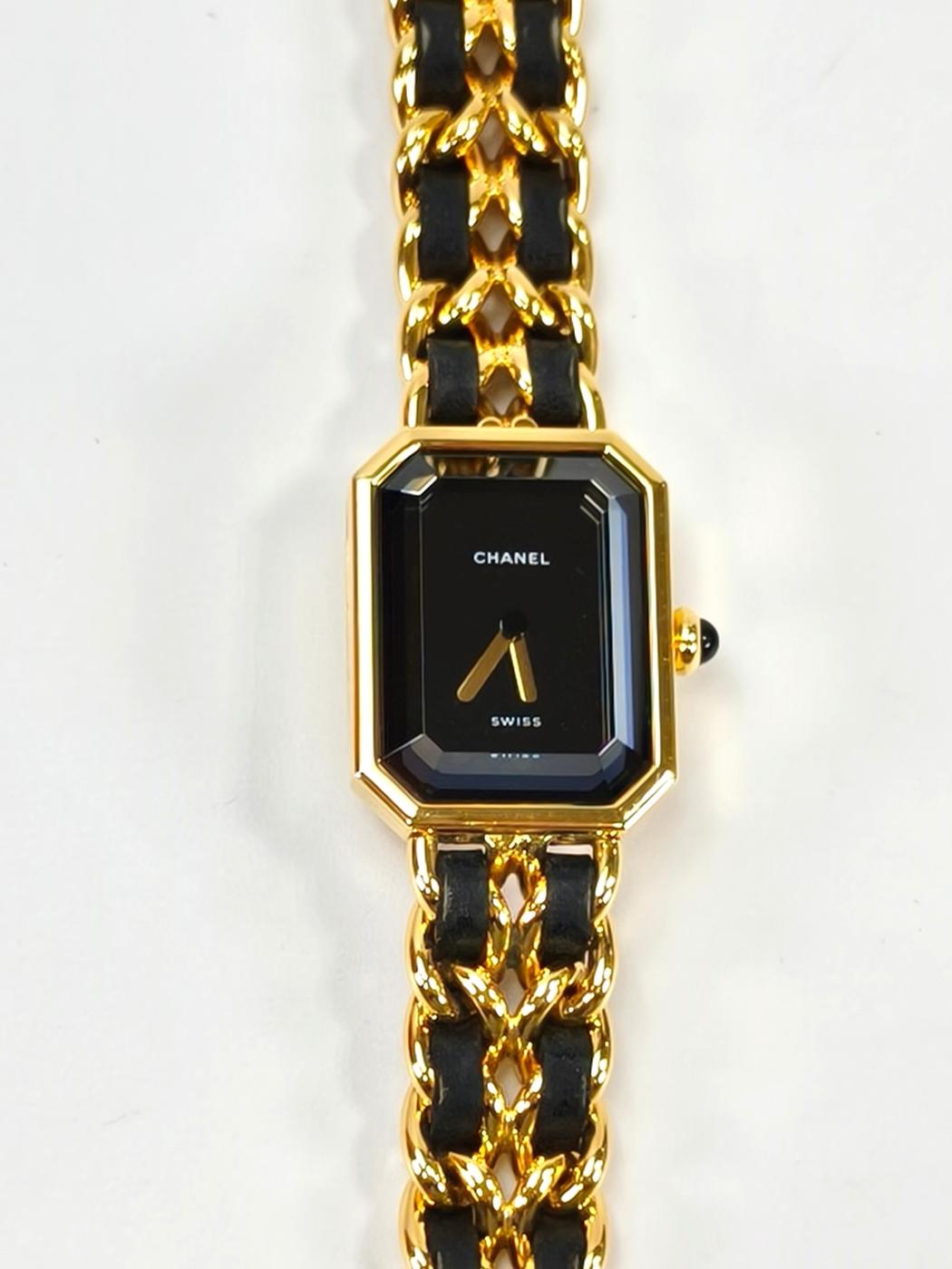 CHANEL Premiere Large Octagonal Chain Bracelet with Leather Strap and Quartz Analogue Movement in Gold. Reference Number: 10455.