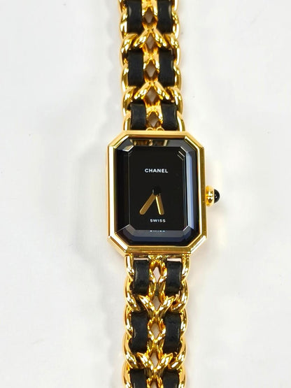 CHANEL Premiere Large Octagonal Chain Bracelet with Leather Strap and Quartz Analogue Movement in Gold. Reference Number: 10455.