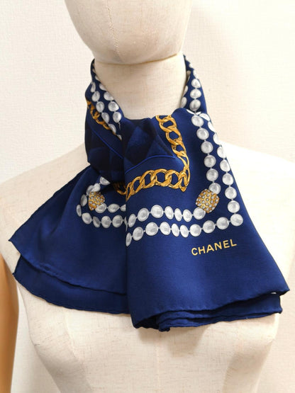 CHANEL シャネル ココマーク 大判 シルク スカーフ ネイビー 管理番号：11115