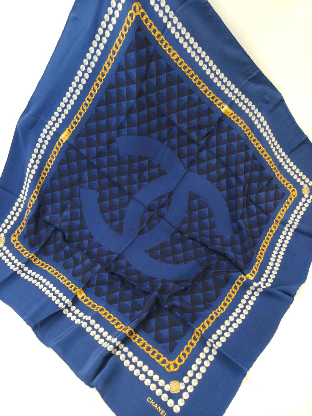 CHANEL シャネル ココマーク 大判 シルク スカーフ ネイビー 管理番号：11115
