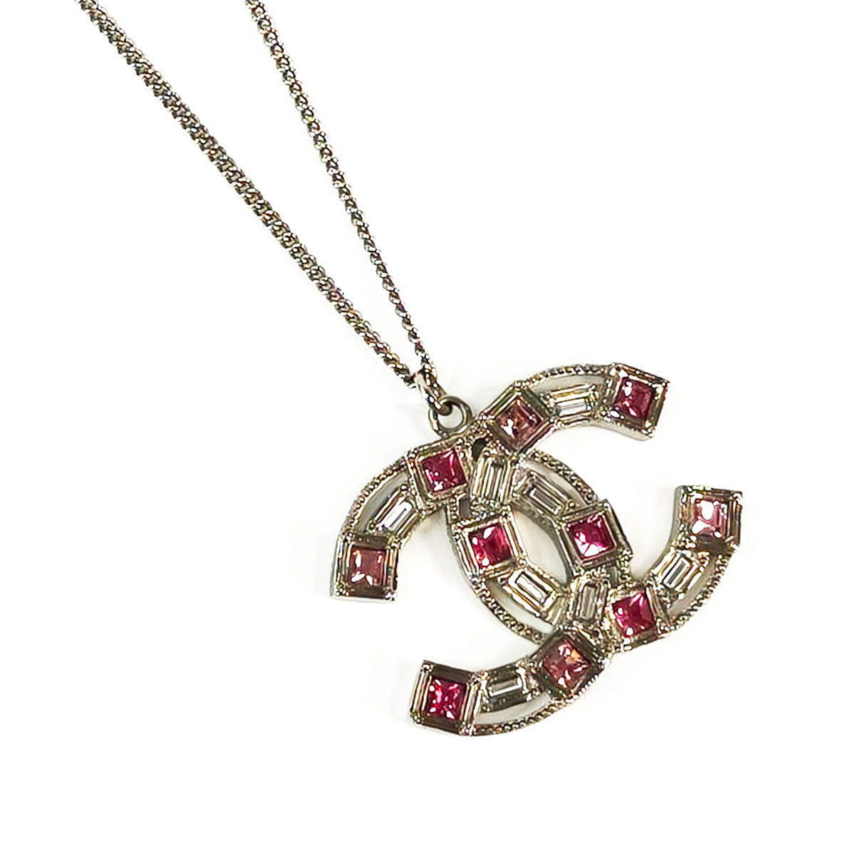 CHANEL Coco Mark Rhinestone Necklace Silver x Pink Model Number: 11261