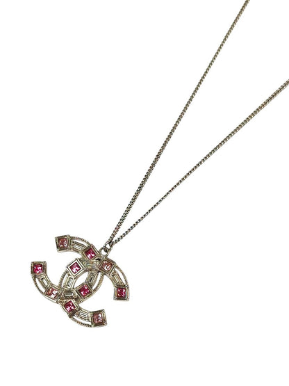 CHANEL Coco Mark Rhinestone Necklace Silver x Pink Model Number: 11261