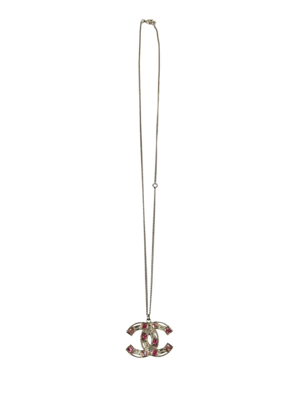 CHANEL Coco Mark Rhinestone Necklace Silver x Pink Model Number: 11261