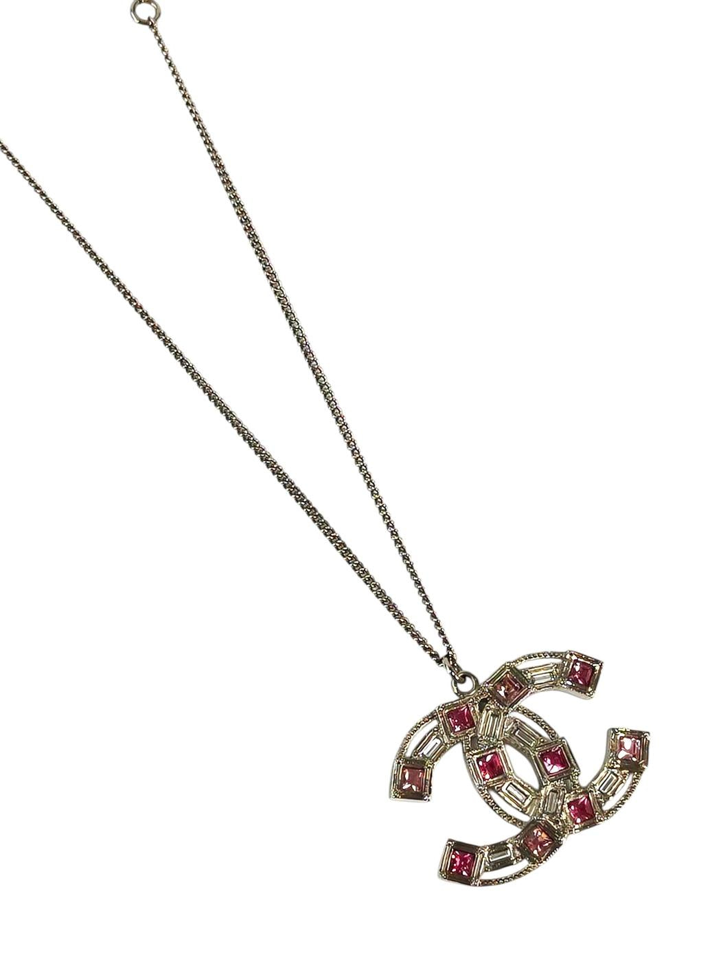CHANEL Coco Mark Rhinestone Necklace Silver x Pink Model Number: 11261