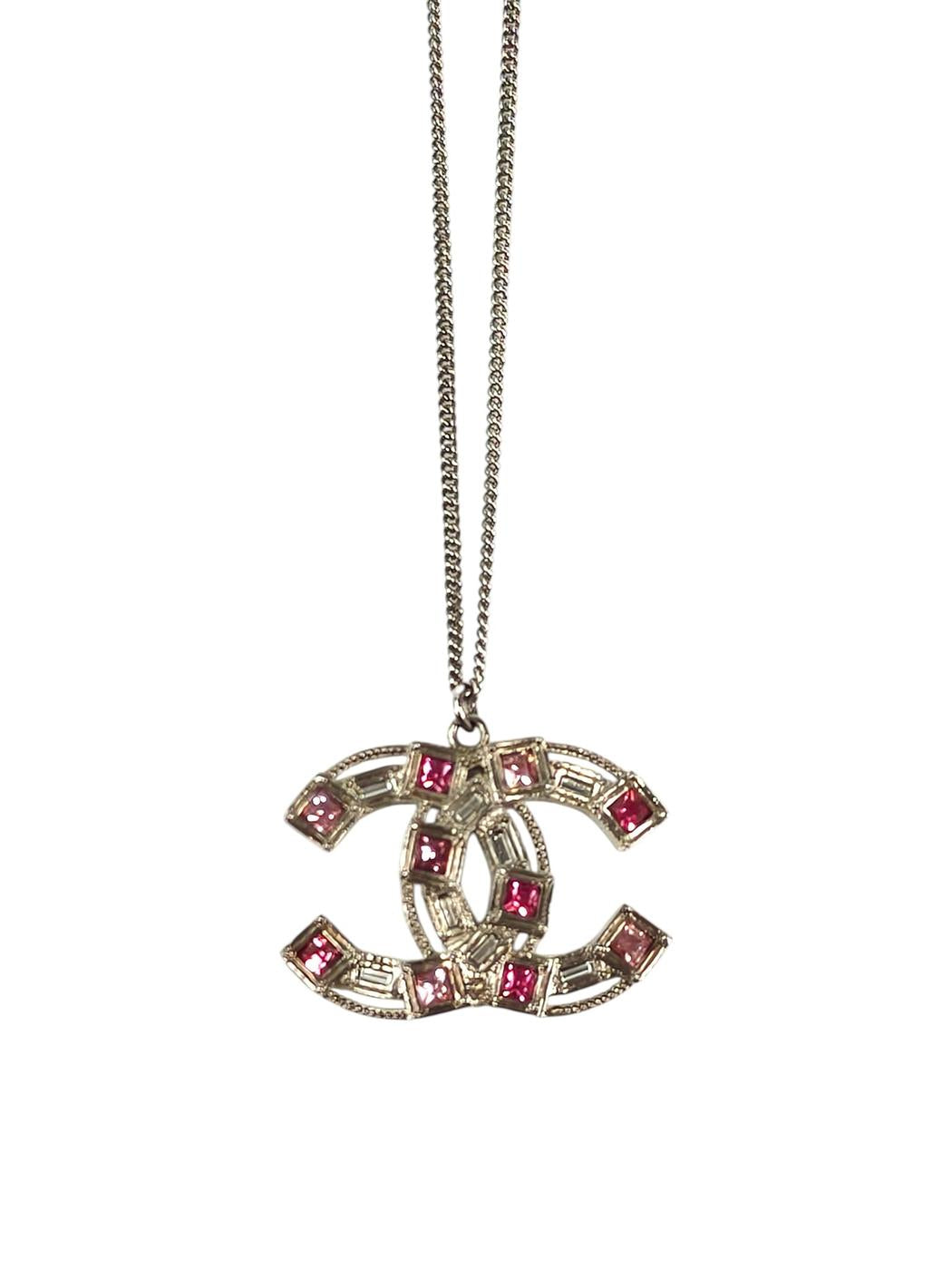 CHANEL Coco Mark Rhinestone Necklace Silver x Pink Model Number: 11261