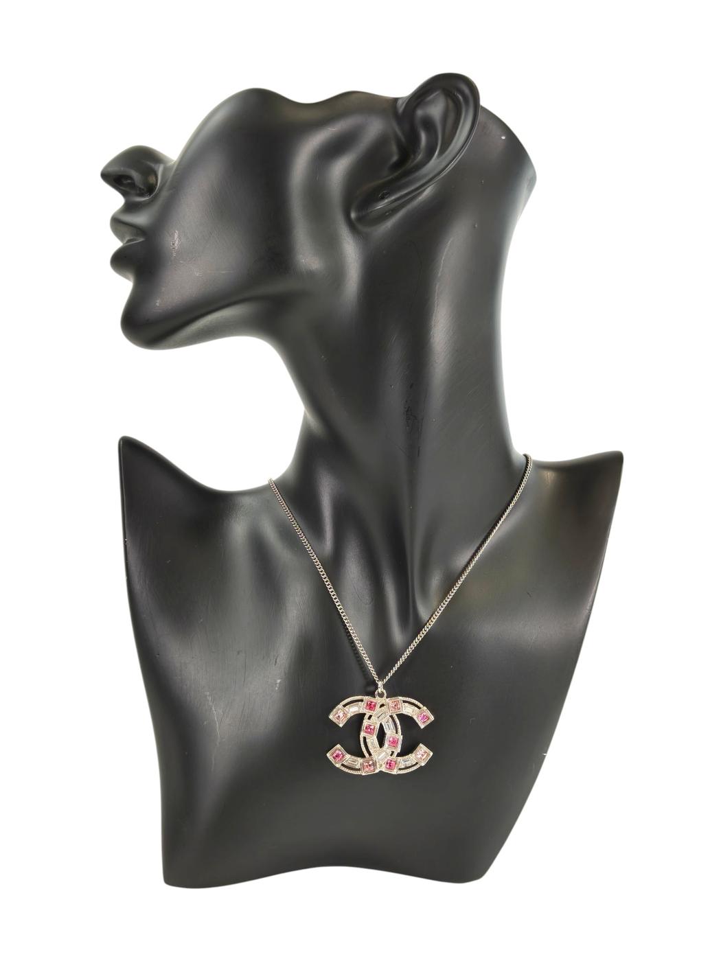 CHANEL Coco Mark Rhinestone Necklace Silver x Pink Model Number: 11261