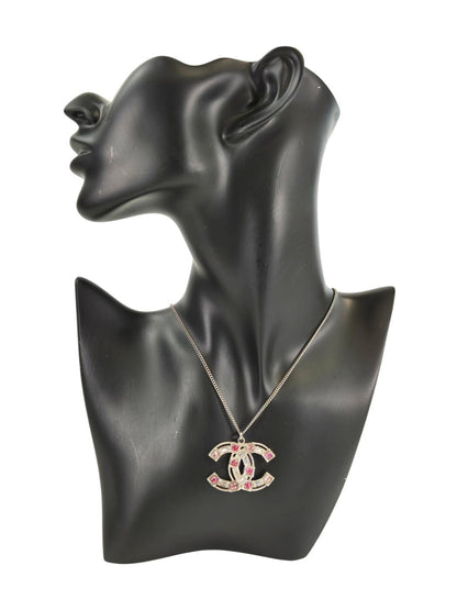 CHANEL Coco Mark Rhinestone Necklace Silver x Pink Model Number: 11261