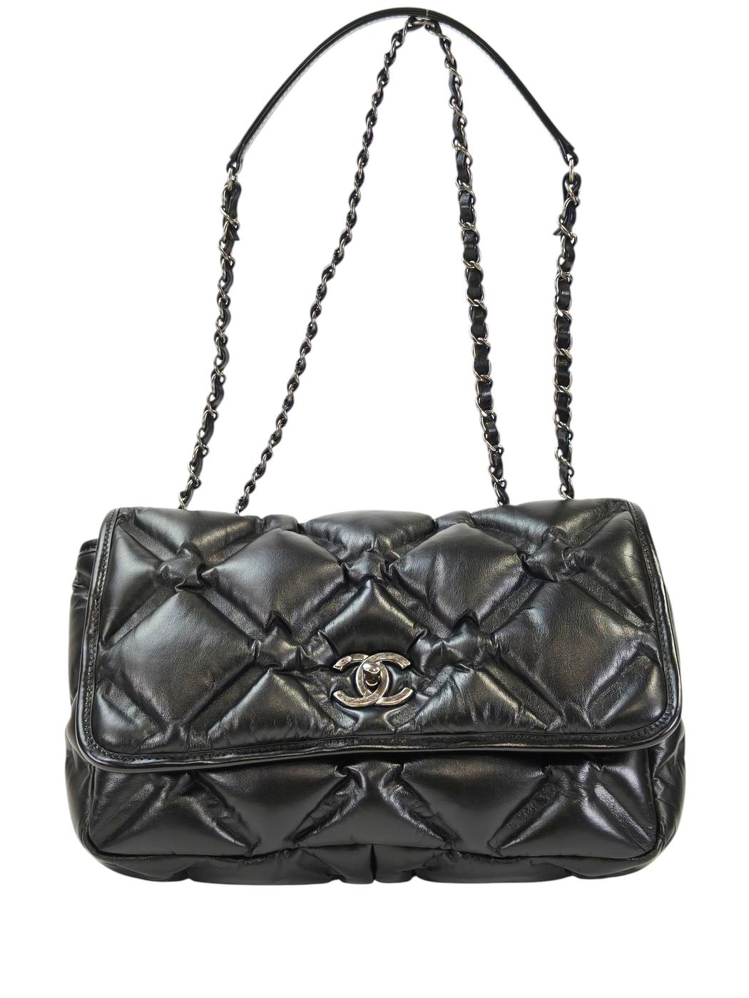 CHANEL Bubble Quilt Double Chain Shoulder Bag, Series 23, Black, Control Number: 11565