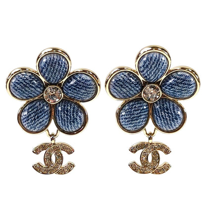 CHANEL Denim Flower Coco Mark Pierced Earrings Silver x Blue Model Number: 11581