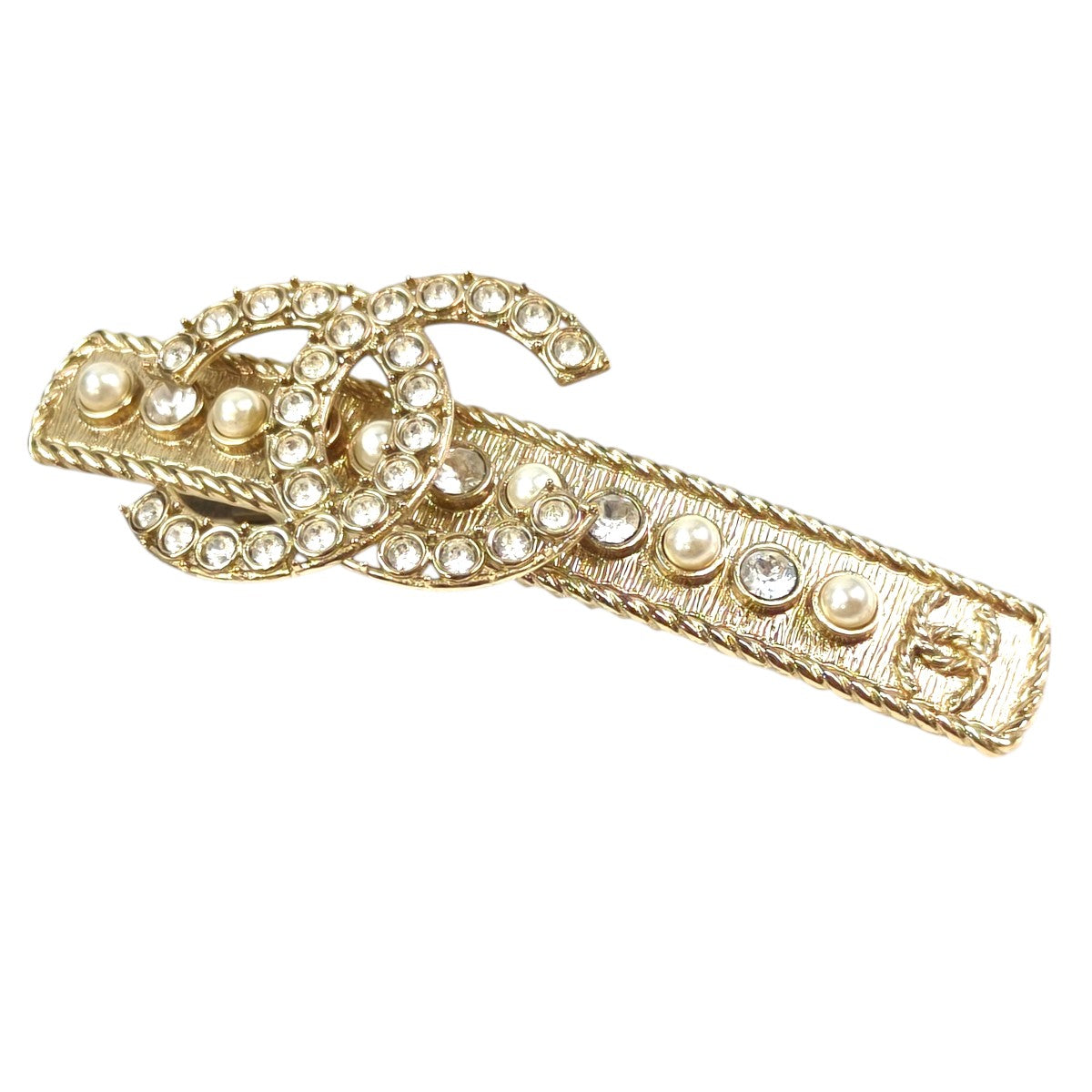 CHANEL Coco Mark 2022 Rhinestone Faux Pearl Barrette Gold Control Number: 11636