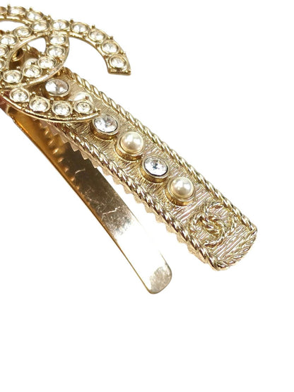 CHANEL Coco Mark 2022 Rhinestone Faux Pearl Barrette Gold Control Number: 11636