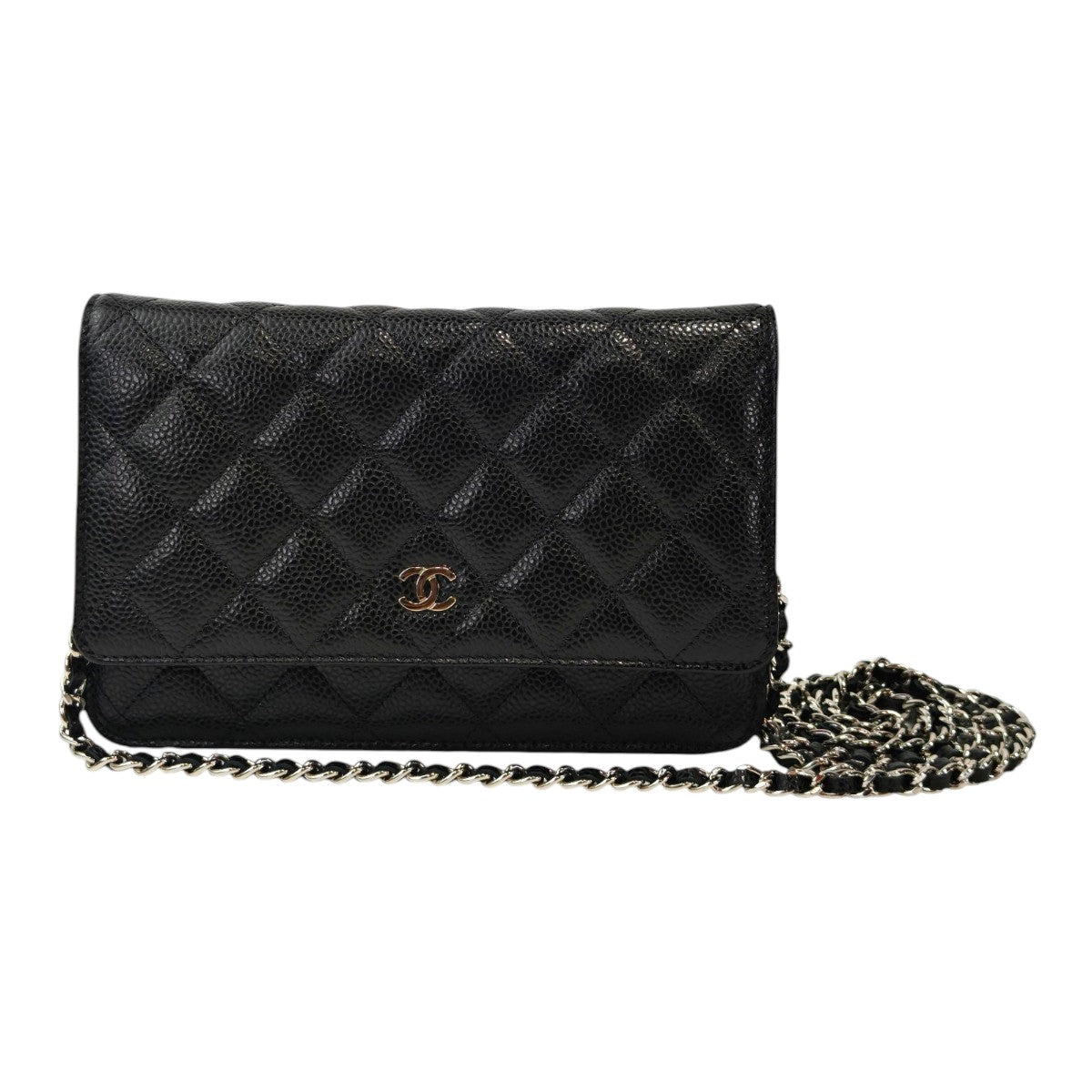 CHANEL 鱼子酱皮链条钱包 28号 链条单肩包 黑色×银色 管理编号：11859