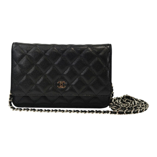 CHANEL Caviar Skin Chain Wallet 28 Black x Silver Control Number: 11859