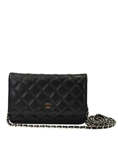 CHANEL 鱼子酱皮链条钱包 28号 链条单肩包 黑色×银色 管理编号：11859