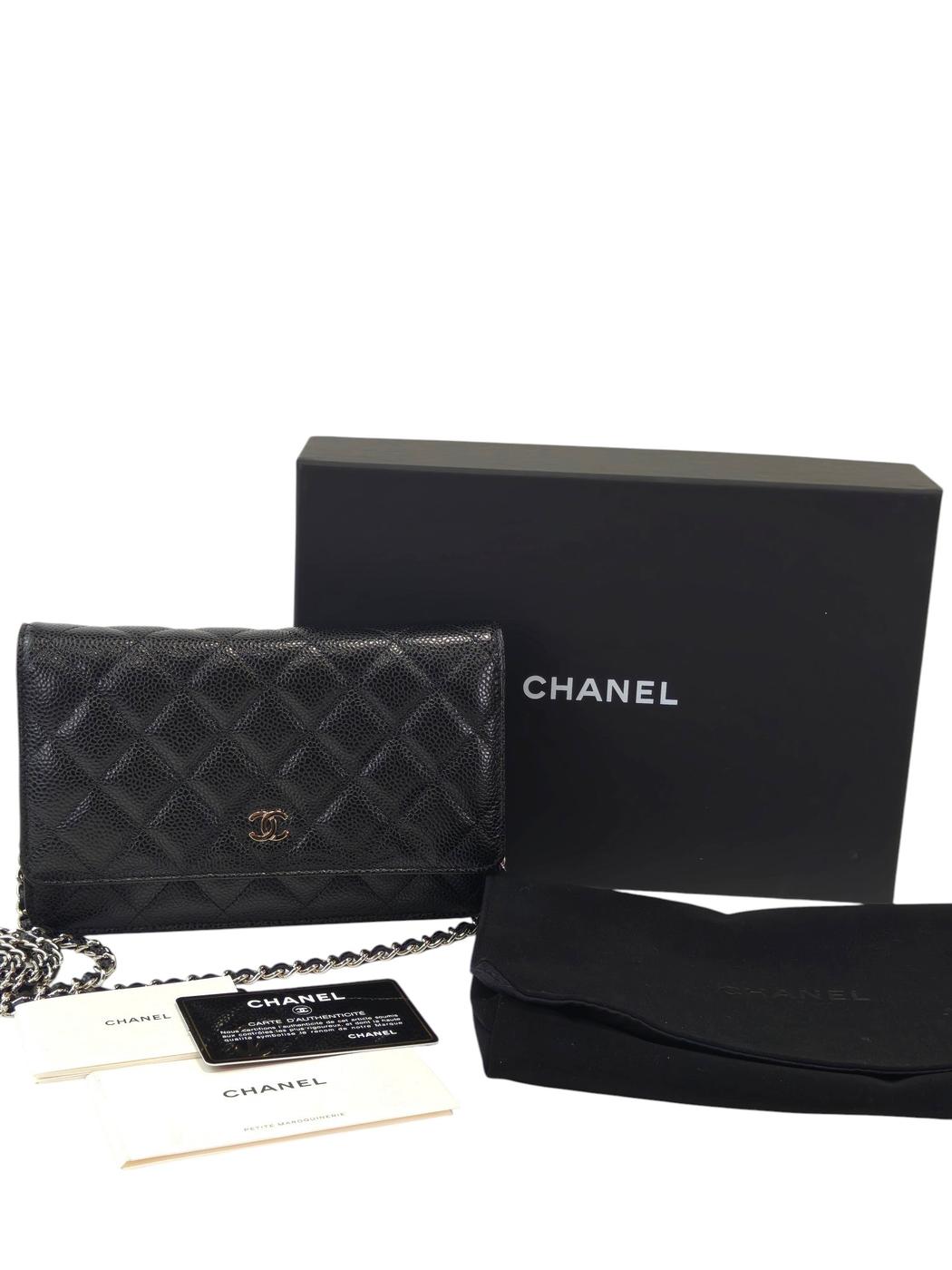 CHANEL 鱼子酱皮链条钱包 28号 链条单肩包 黑色×银色 管理编号：11859