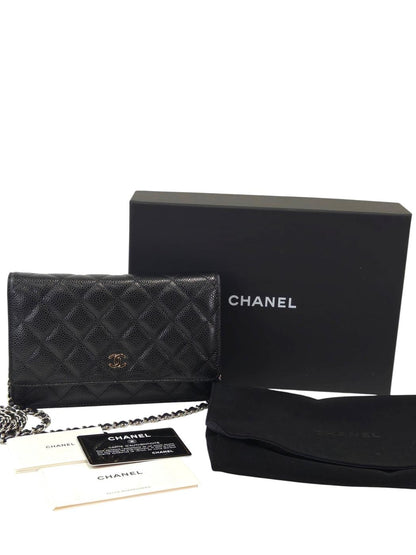 CHANEL 鱼子酱皮链条钱包 28号 链条单肩包 黑色×银色 管理编号：11859