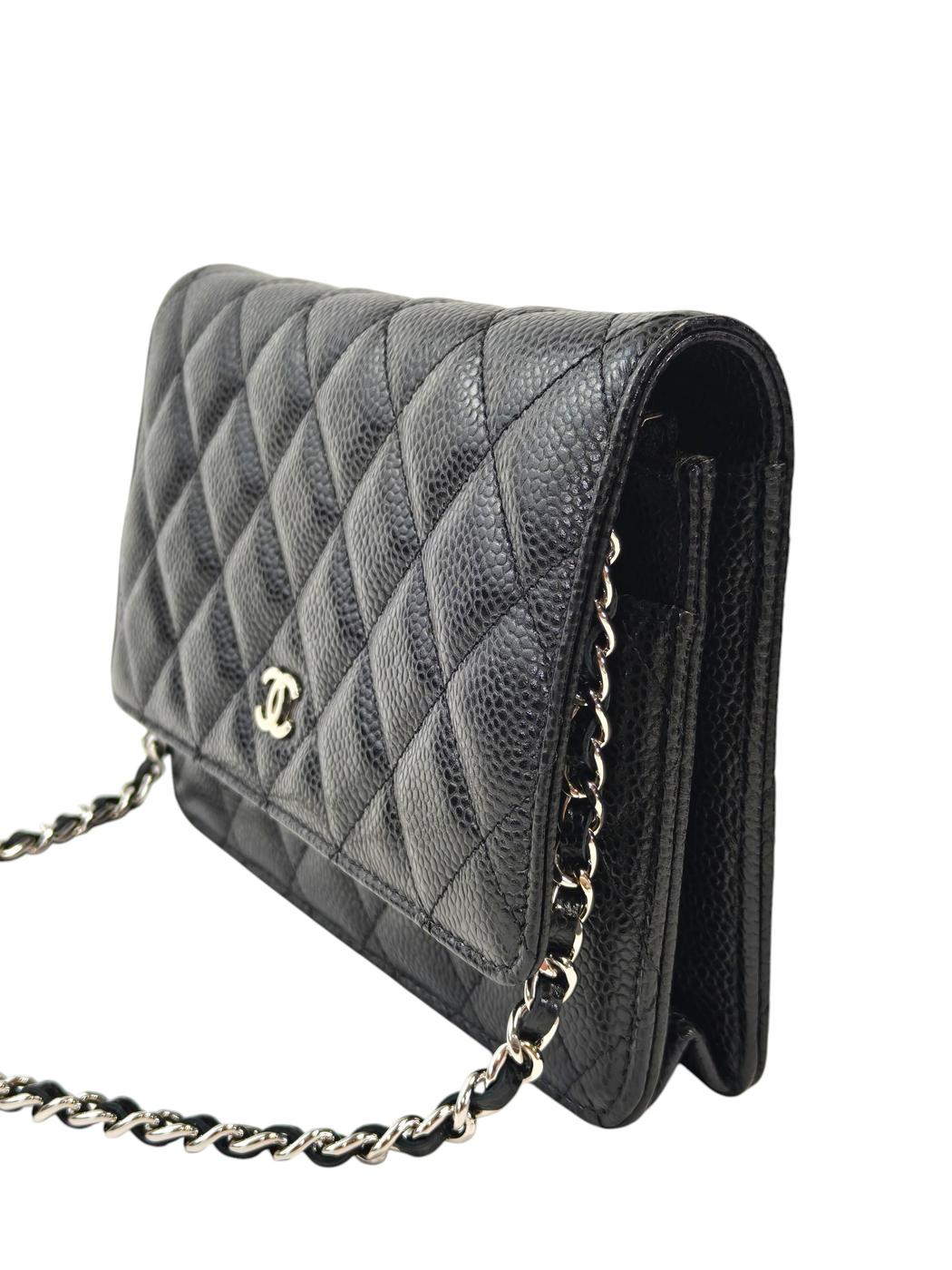 CHANEL 鱼子酱皮链条钱包 28号 链条单肩包 黑色×银色 管理编号：11859