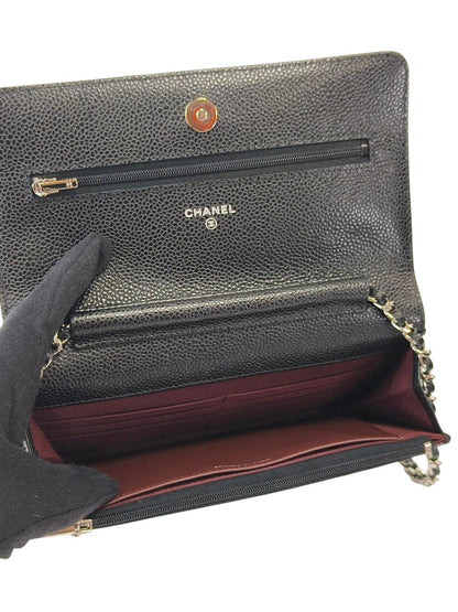 CHANEL 鱼子酱皮链条钱包 28号 链条单肩包 黑色×银色 管理编号：11859