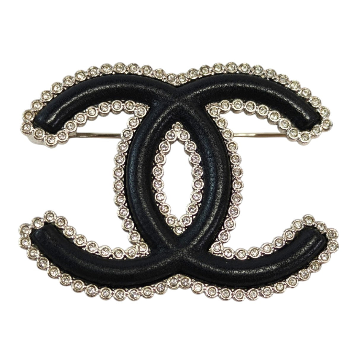 CHANEL 香奈儿 双C标志 水钻×皮革 带瑕疵A22B 胸针 黑色×银色 管理编号：11872