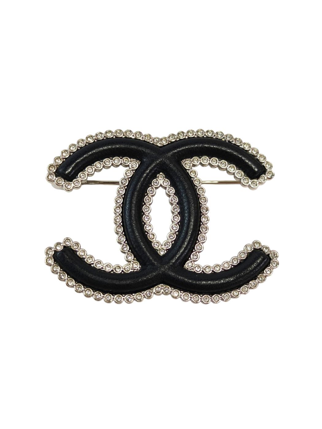 CHANEL 香奈儿 双C标志 水钻×皮革 带瑕疵A22B 胸针 黑色×银色 管理编号：11872