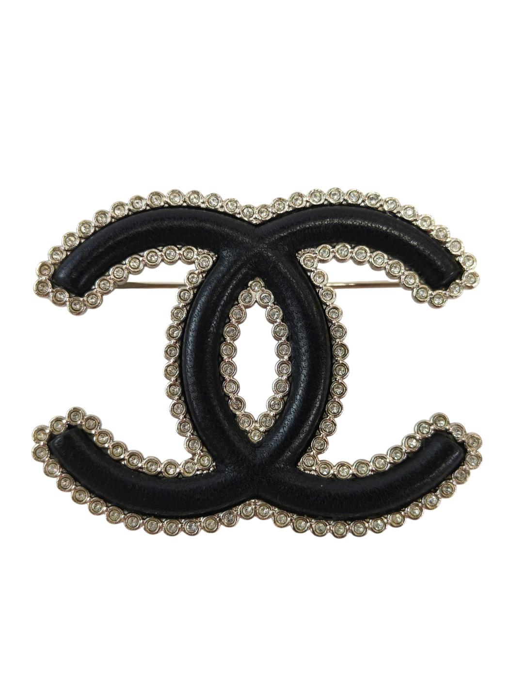 CHANEL 香奈儿 双C标志 水钻×皮革 带瑕疵A22B 胸针 黑色×银色 管理编号：11872