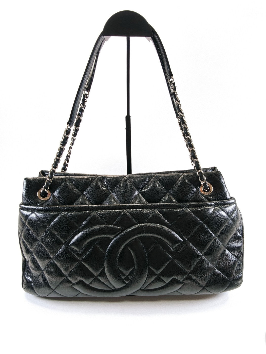 CHANEL シャネル マトラッセ ココマーク トートバッグ チェーンショルダー キャビアスキン 黒 シルバー金具  管理番号：9702