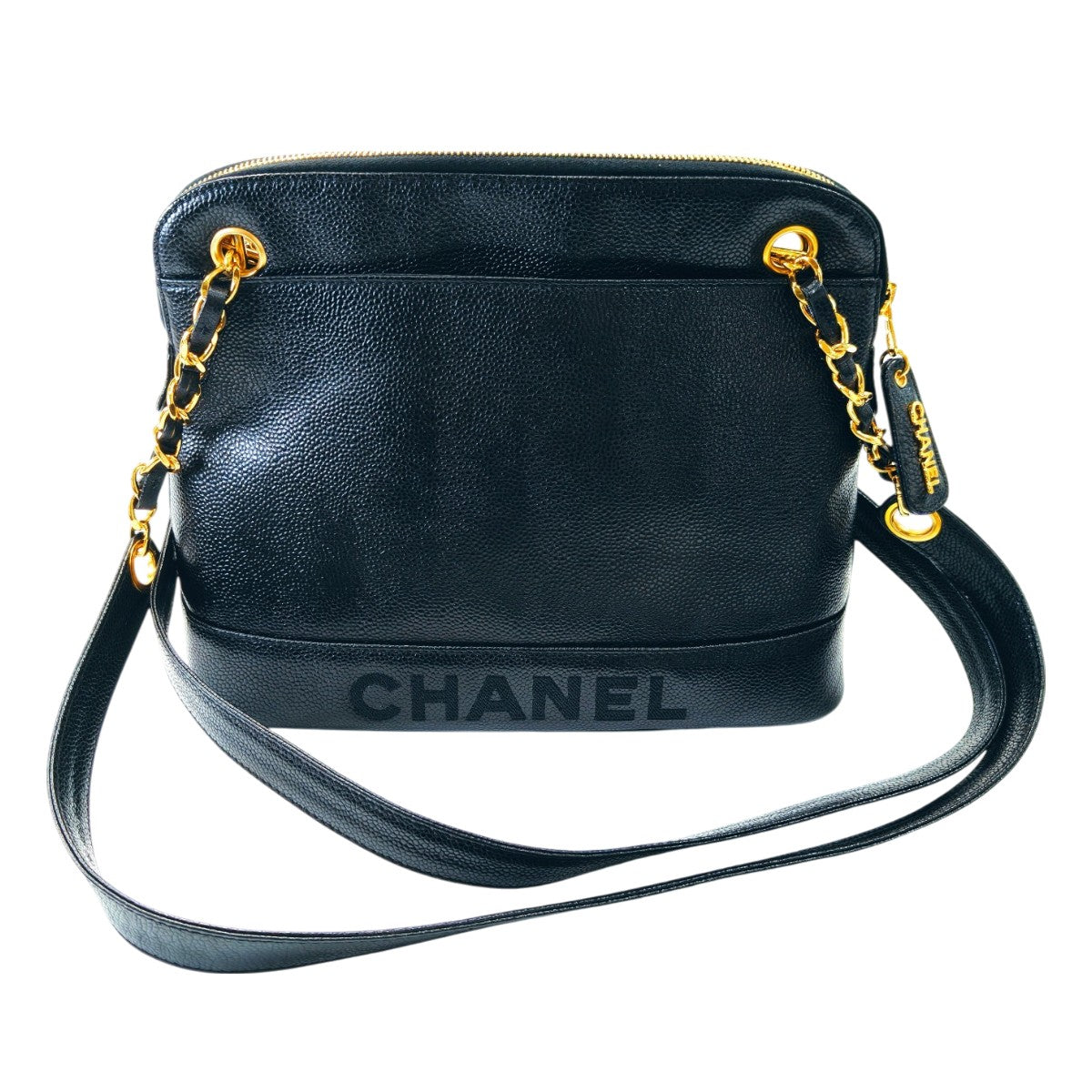 CHANEL シャネル チェーントートバッグ ショルダーバッグ キャビアスキン ブラック ロゴ刺繍 管理番号：9742