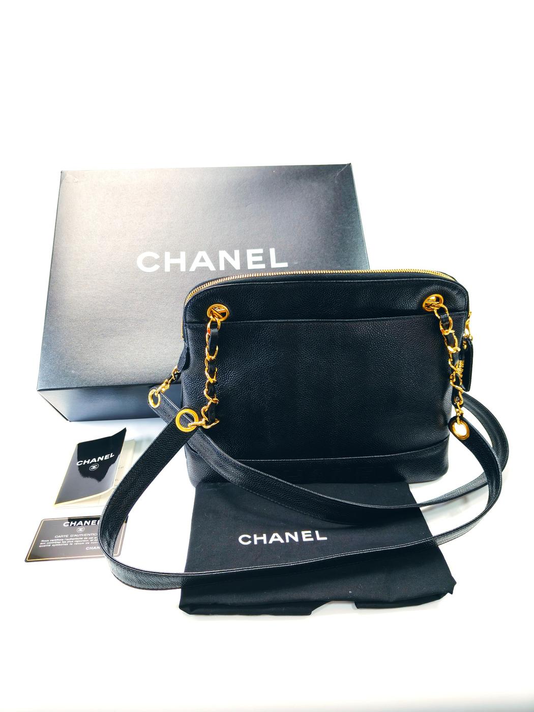 CHANEL シャネル チェーントートバッグ ショルダーバッグ キャビアスキン ブラック ロゴ刺繍 管理番号：9742
