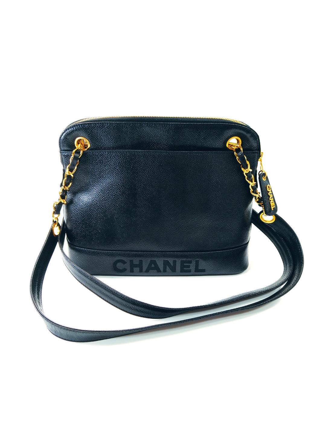 CHANEL シャネル チェーントートバッグ ショルダーバッグ キャビアスキン ブラック ロゴ刺繍 管理番号：9742