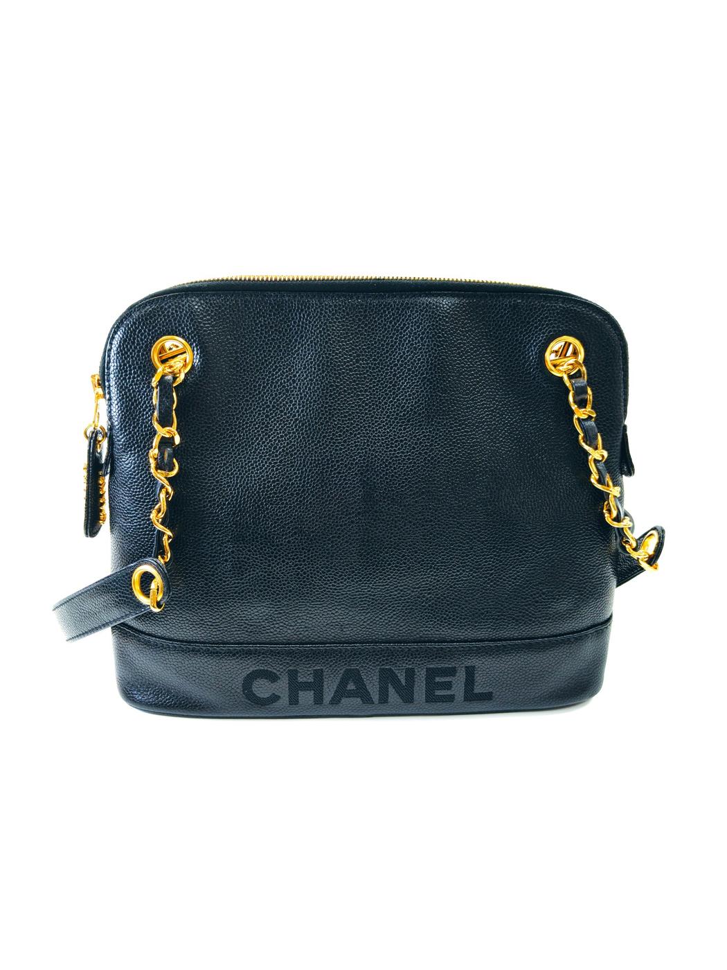 CHANEL シャネル チェーントートバッグ ショルダーバッグ キャビアスキン ブラック ロゴ刺繍 管理番号：9742