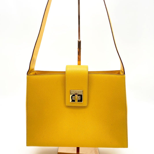 CELINE セリーヌ ショルダーバッグ イエロー ロゴ レザー ターンロック 管理番号：8293