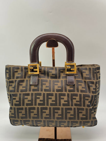 FENDI フェンディ ズッカ柄 ハンドバッグ キャンバス レザー カーキブラウン 茶 ダークブラウン 管理番号：8671