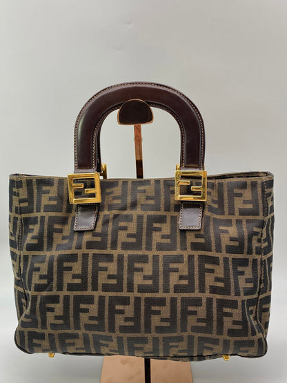 FENDI フェンディ ズッカ柄 ハンドバッグ キャンバス レザー カーキブラウン 茶 ダークブラウン 管理番号：8671