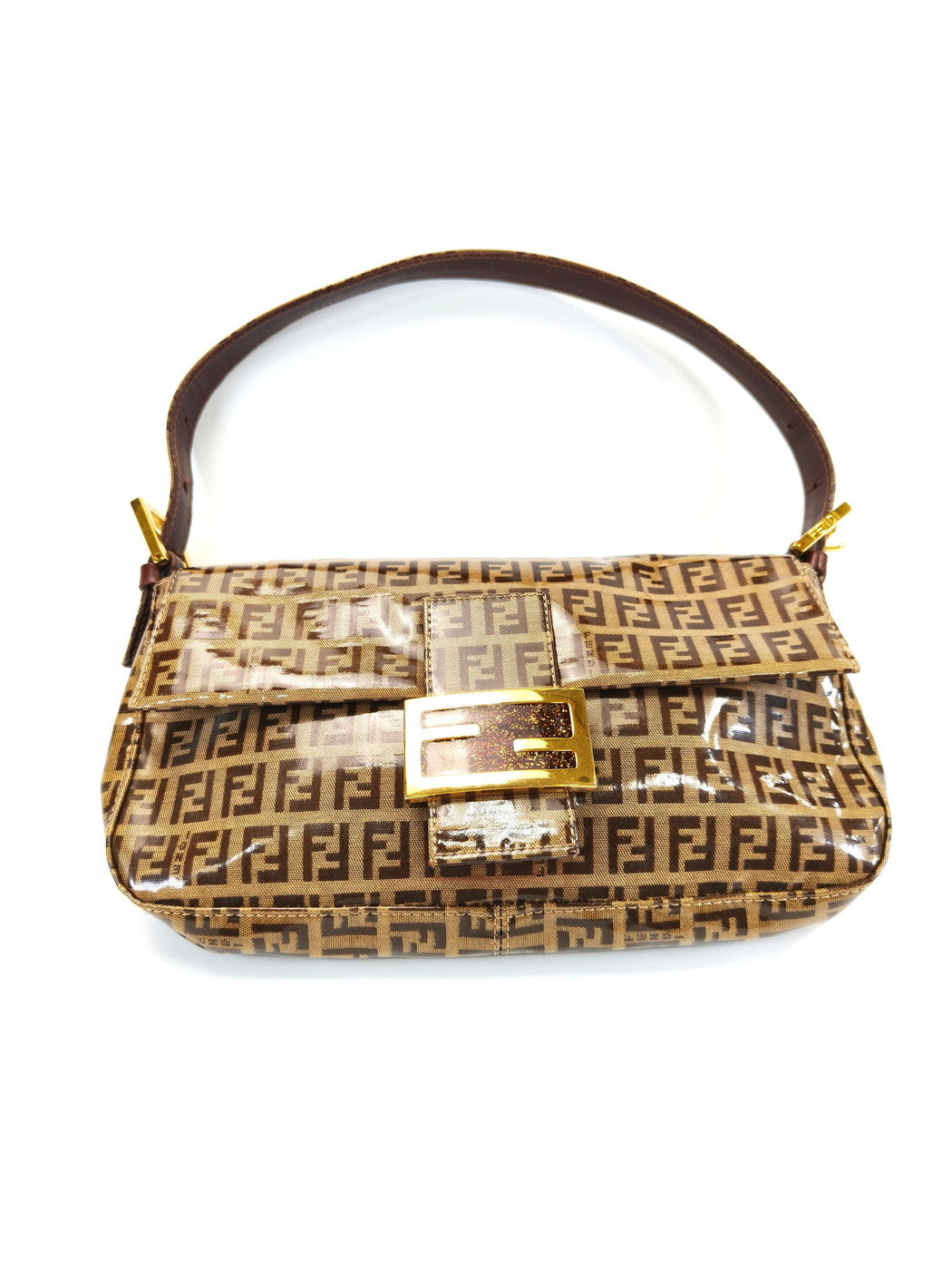 フェンディ FENDI ズッキーノ柄 マンマバケット ワンショルダー ハンドバッグ パテント ベージュ 管理番号：9703