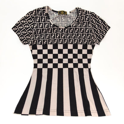 FENDI フェンディ ロゴ 総柄 Tシャツ 半袖 ブラック アイボリー #42 管理番号：9884